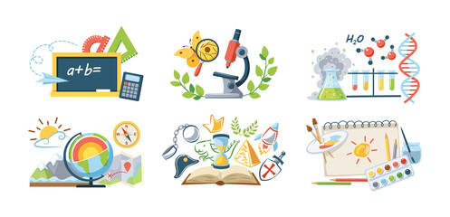 Back to school set. Studying different science discipline with equipment cartoon vector