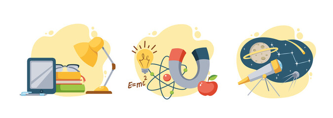 Graduation educational elements supplies creative set. Back to school. Study physics and astronomy