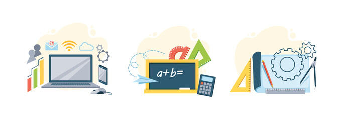 Back to school set. Studying different science discipline with equipment cartoon vector