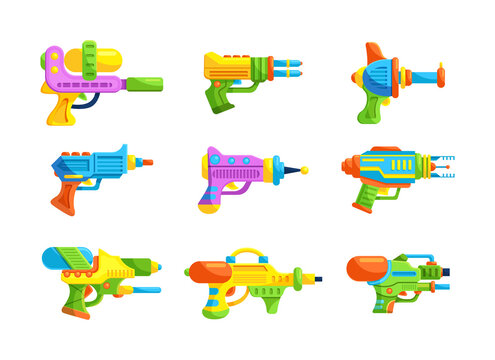 Bright gun children toy set. Blaster, handgun, raygun and laser weapon of aliens for kids playing