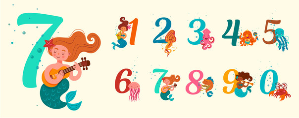 Vector illustration of numbers in a marine theme. Figures of mermaids, jellyfish, fish, colmar, crab, octopus. Poster, postcard for children.