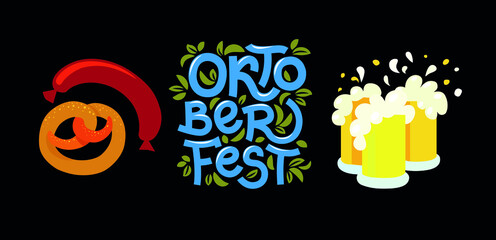 Oktoberfest handwritten typography header for signboard, greeting, invitation poster and postcard. Drawing pretzel, sausages and mugs with beer. The beer festival is celebrated in October in Germany. 