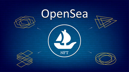OpenSea text and logo internet platform NFT token market and auction on digital blue background. New trend in collectibles sales. Banner for news and media. Vector illustration. - obrazy, fototapety, plakaty