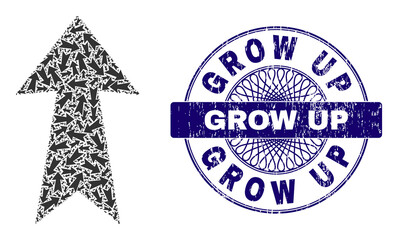 Recursive combination arrow up and Grow Up round textured seal. Blue stamp seal includes Grow Up caption inside circle and guilloche pattern.