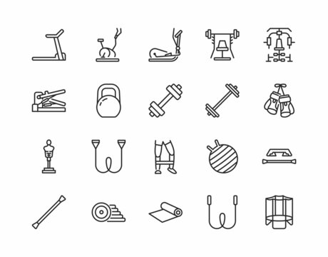 Fitness equipment flat icon set. Vector illustration exercise machines and sport supplies for gym and home. Editable strokes