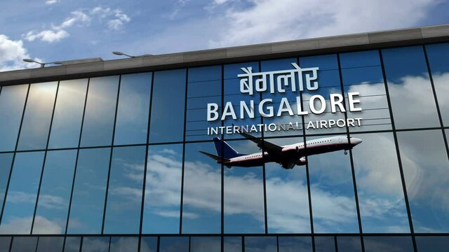 Jet aircraft landing at Bangalore, India 3D rendering animation. Arrival in the city with the glass airport terminal and reflection of the plane. Travel, business, tourism and transport concept.