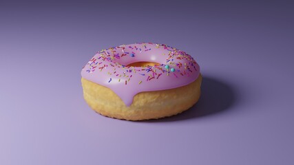 Appetizing doughnut covered by rainbow sprinkles on purple background. Yummy donut with glaze topping above. Confectionery concept. 3d render