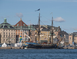 Old sailing replica of the Swedish East Indiaman G&ouml;theborg I in the harbor of Stockholm city