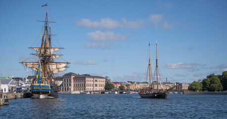 Fototapeta na wymiar Various sailing ships in the harbor of Stockholm city. 
