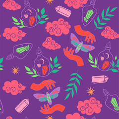 Seamless pattern with mystic magical elements. Vector graphics.