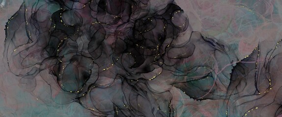 Dark alcohol ink background with tender gold elements, fluid art with many black spaces, dreamy wallpaper for print