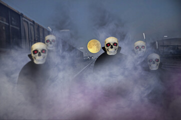 Frightening devils at the train station in full moon evening