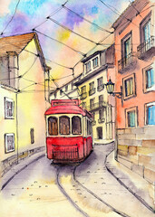 Watercolor illustration of a street of a european city with tall ancient buildings and with a red tram