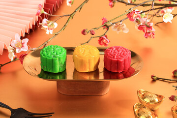 Colorful Snowskin Moon Cake. New Variation of Mooncake, Mochi Dough Filled Custard, Red Bean or...