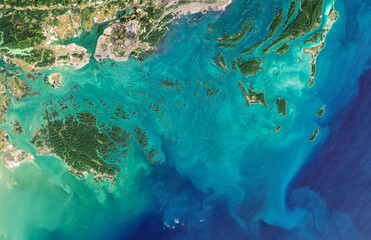 Satellite view of Ha Long Bay and Bai Tu Long Bay National Park in Vietnam from the space. Elements...