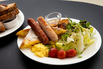 fresh brunch, breakfast with sausages