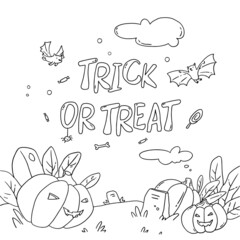 A coloring page of the text Trick or treat. Halloween concept on white background with sweets, bats, and spiders. Composition with pumpkins and gravestones.