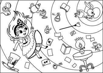 Black and white Alice character falls into the rabbit hole. Painting activity for children in Alice in Wonderland theme. Vector illustration.