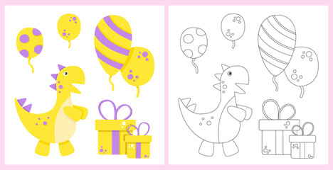 Coloring book for children, birthday. Printout for preschoolers. Painting. Holiday, children's birthday, show, entertainment, gifts, balloons, surprise. Doodle. Illustration on white background.