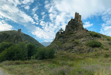 Ruined military towers Vovnushki in Ingushetia, Russia