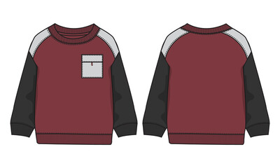 Crew neck Long sleeve With pocket cotton fleece jersey sweatshirt vector fashion template for men’s. Front and back views. Dress design mock up red and black body color Easy edit and Customizable.