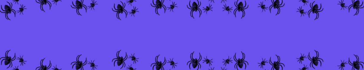 Flat lay banner of black horror spiders of different sizes directed in different directions on purple backdrop with copy space. Halloween decoration spooky background concept for holidays