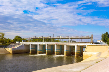 Fototapeta na wymiar Tobol river water dam in the city of Kurgan, Russia.