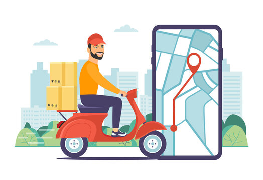 A scooter courier makes a quick delivery. Vector illustration.