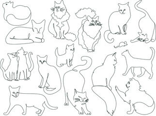 Collection of different cats. Vector line art illustration. One line isolated illustration on a white background