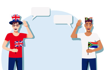 Men with British and South African flags. The concept of international communication, education, sports, travel, business. Dialogue between the United Kingdom and South Africa. Vector illustration.