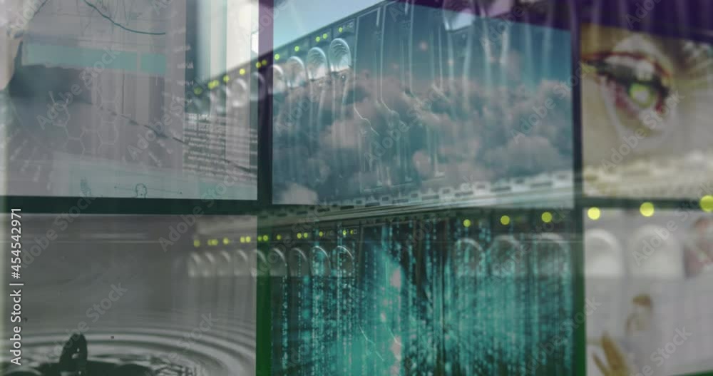 Poster animation of flashing lights on computer server over colourful clips playing on composite screens