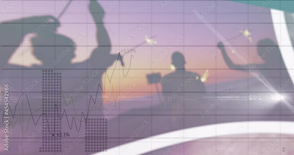 Poster animation of charts and data processing over various clips playing on composite screens