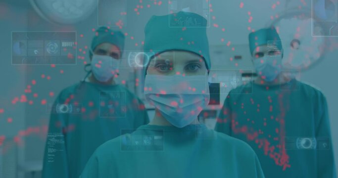 Animation of data processing over masked male and female surgeons in operating theatre