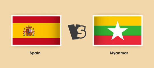 Spain vs Myanmar flags placed side by side. Creative stylish national flags of Spain and Myanmar with background