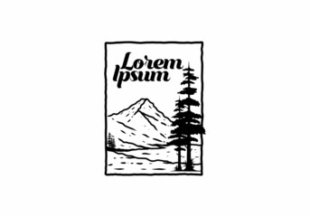 Black line art drawing of mountain and pine trees