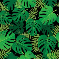 modern green and black fern and monstera leaves seamless pattern, simple cartoon flat style, isolated vector illustration, design for print, fabric, paper