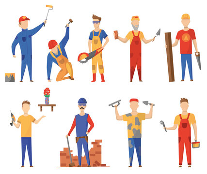 Builders. Construction workers with professional equipment during various building activity. Set of flat professional construction workers engineers characters