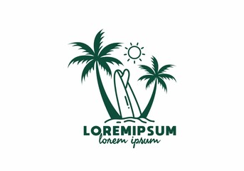 Fototapeta na wymiar Surfing board and coconut trees line art with lorem ipsum text