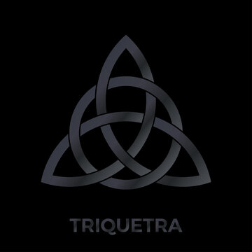 Triquetra sign, celtic knot logo. Scandinavian protective amulet. Pagan vector. Celtic symbol of triangle. Nordic tattoos. Isolated illustration on black background in dark grey gradient color