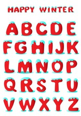 red cute snowy alphabet for winter season or christmas, decorative vector letters isolated on white background