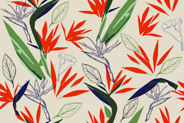 Tropical leaves. Exotic pattern. Creative seamless background. Fashion template for design, clothing, textiles