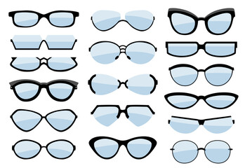 Glasses line art silhouette, eyewear and optical accessory. Medical classic ocular set. glasses isolated illustration on white background. Various shapes. glasses model icons