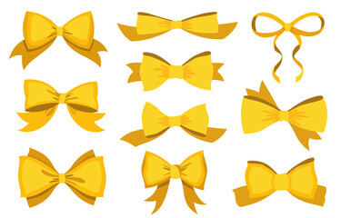 Gold bow set. Cartoon yellow luxury design elements of wrap pack. Decor elements template. Celebration bows with ribbons isolated on white background
