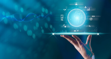 Analysis invest strategy data online connection technology. Businessman hand holding tablet showing virtual globe diagram, graph growth stock, forex chart. Business finance and Market trading concept.