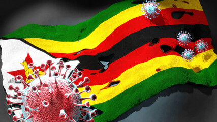 Covid in Zimbabwe - coronavirus attacking a national flag of Zimbabwe as a symbol of a fight and struggle with the virus pandemic in this country, 3d illustration
