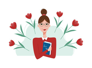 Woman with a book surrounded with flowers vector illustration. Teacher's day concept