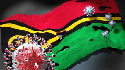 Covid in Vanuatu - coronavirus attacking a national flag of Vanuatu as a symbol of a fight and struggle with the virus pandemic in this country, 3d illustration