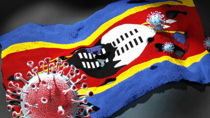 Covid in Eswatini - coronavirus attacking a national flag of Eswatini as a symbol of a fight and struggle with the virus pandemic in this country, 3d illustration