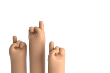 Manos de niños levantando la mano y el dedo. Concepto de vuelta al cole sobre fondo blanco. Illustración 3D de manos de niño. - obrazy, fototapety, plakaty