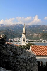 montenegro, budva, church, tower, religion, cathedral, city, travel, town, mountains, catholic, history, summer, europe, architecture, mediterranean, adriatic, view,	